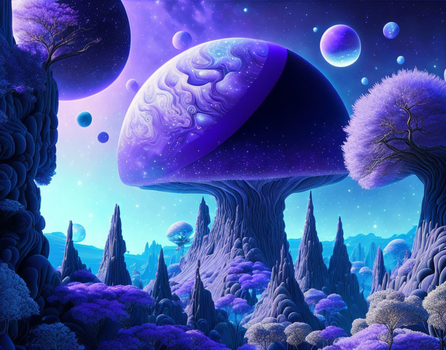 Fantasy landscape with mushroom-shaped trees and multiple moons