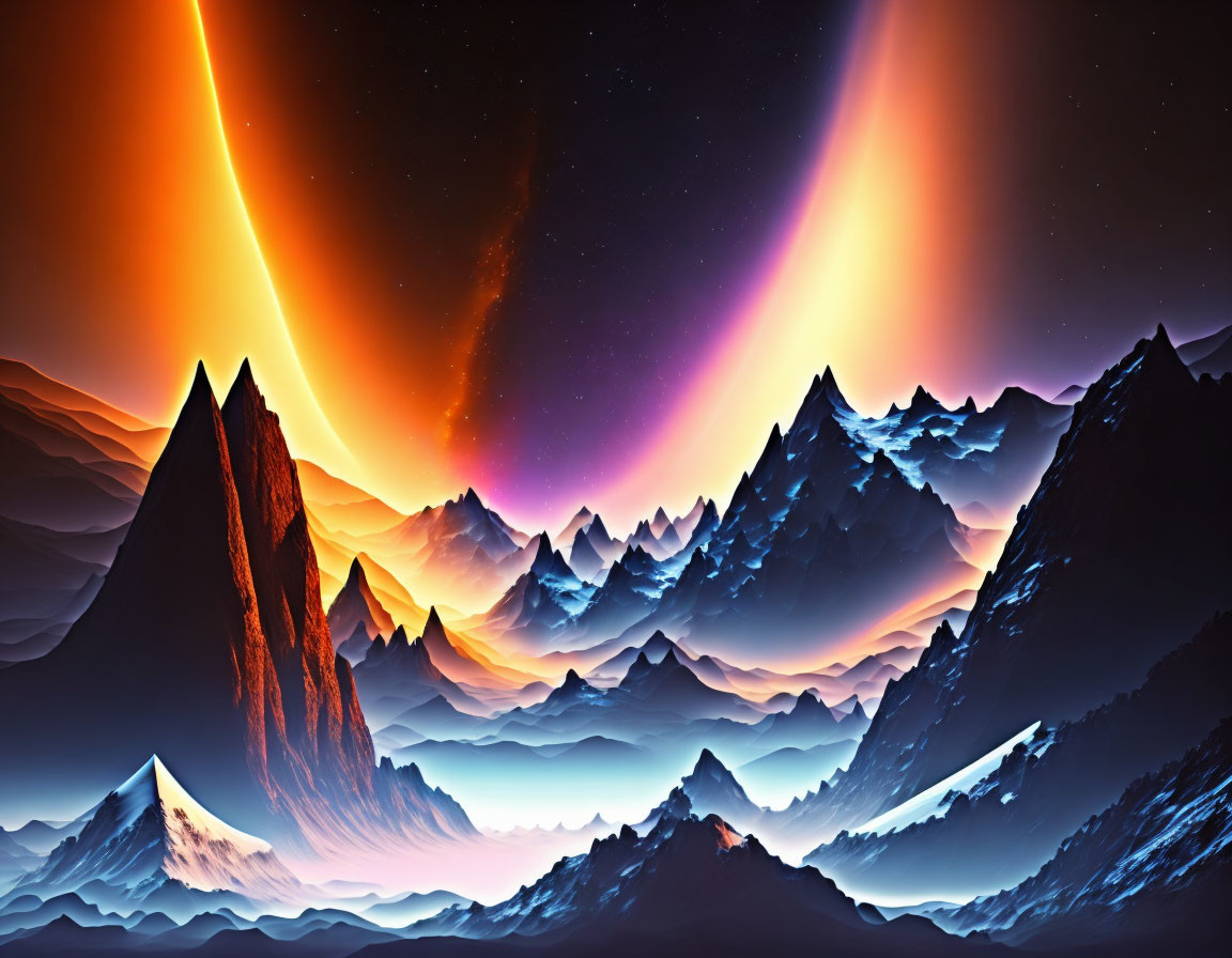 Fiery comet above snow-capped mountains under surreal celestial glow