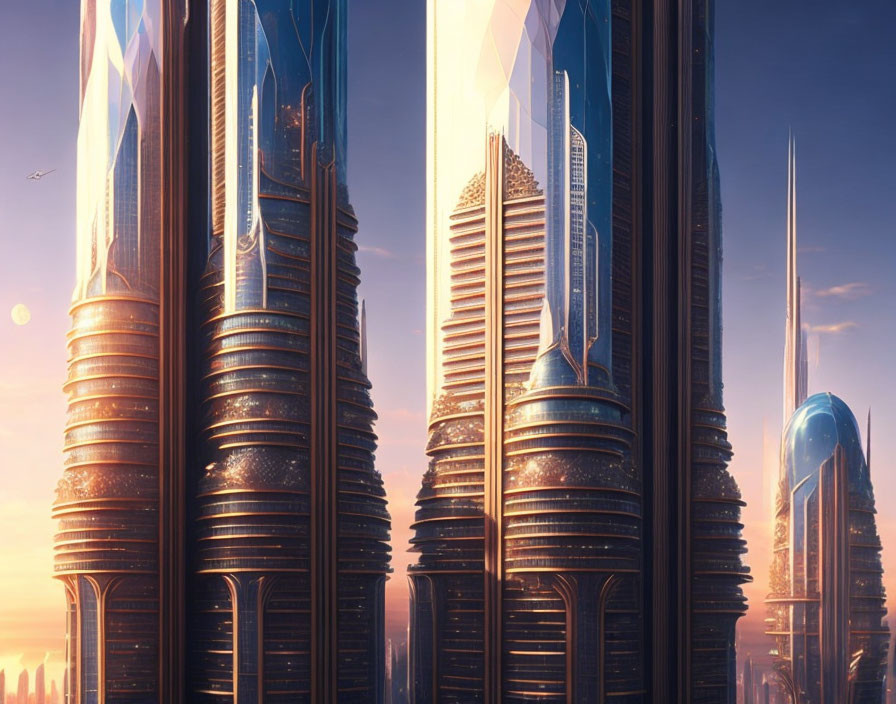 Futuristic cityscape with towering skyscrapers and clear sky