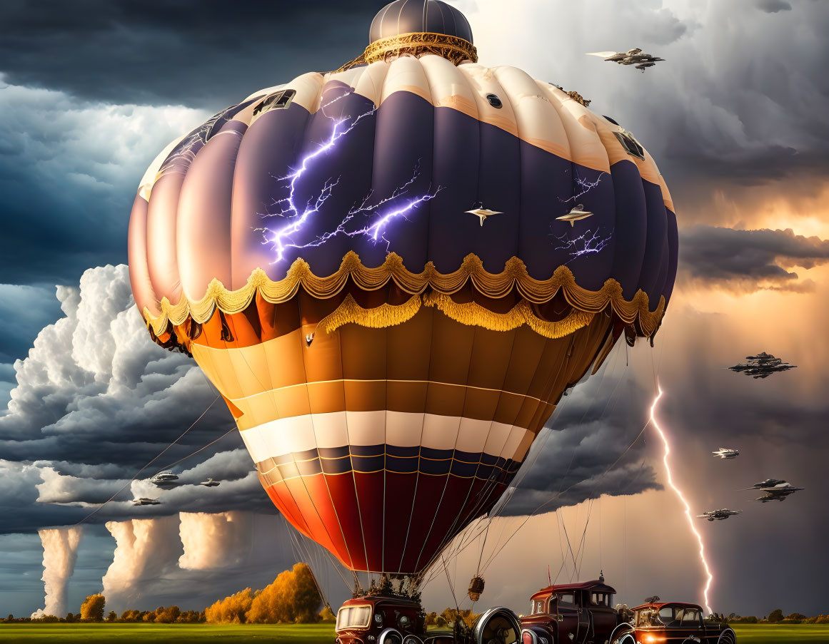 Hot Air Balloon with Lightning Print in Stormy Sky with Tornadoes and Vintage Cars