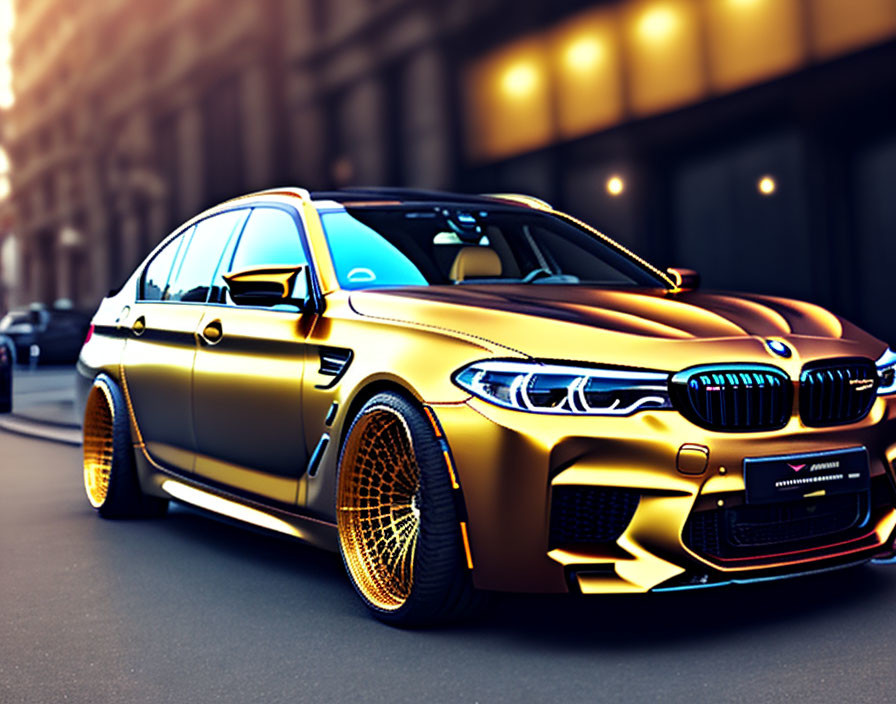 Customized golden BMW M5 with sporty body kit and custom wheels parked on city street at golden