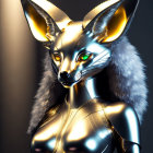 Metallic anthropomorphic fox with luminous eyes and intricate patterns on sleek body