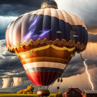Hot Air Balloon with Lightning Print in Stormy Sky with Tornadoes and Vintage Cars