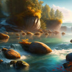 Serene river in mystical forest with sunlight on rocks & autumn foliage