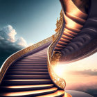 Golden Spiral Staircase Ascending to Surreal Sky and Mountain Peaks