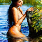 Digital painting of woman in water surrounded by nature and yellow light spots