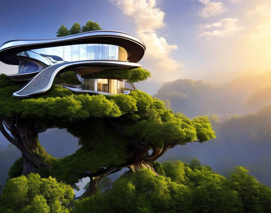 Futuristic house on ancient tree in lush forest at sunrise
