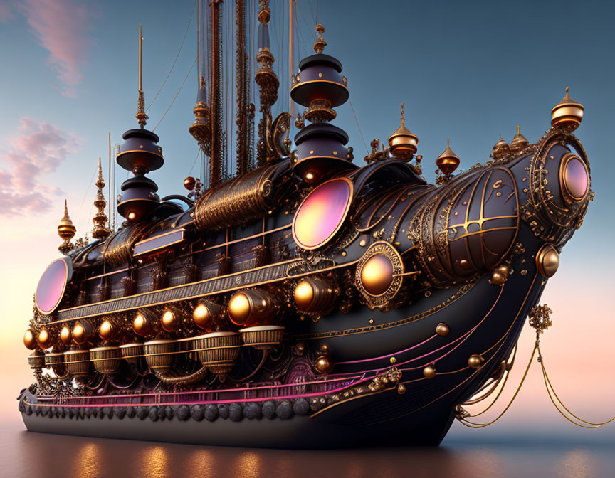 Steampunk ship with brass details and purple windows in sunset sky