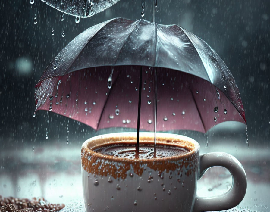Small umbrella shields coffee mug from raindrops with coffee beans in background
