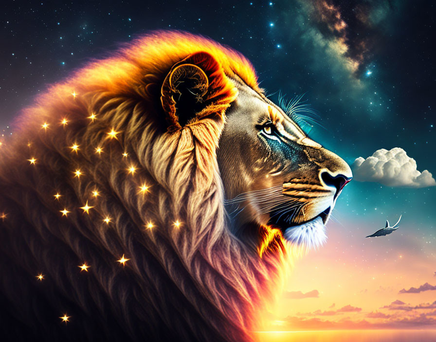 Majestic lion with night sky mane overlooking sunset and bird