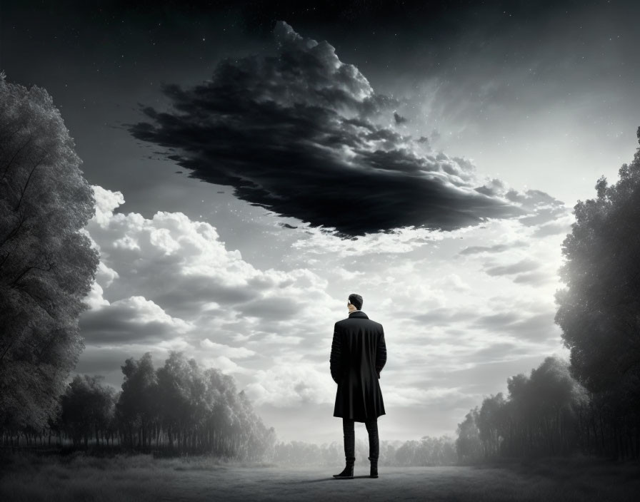 Person gazes at large, peculiar cloud formation in night forest.