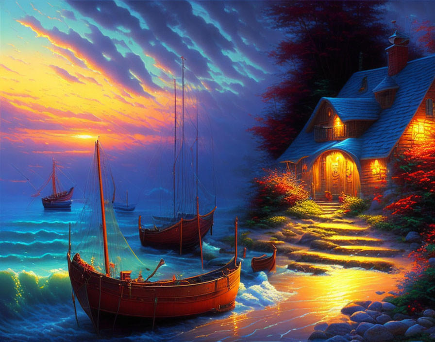 Seaside Cottage at Dusk with Warm Lights and Sunset Sky