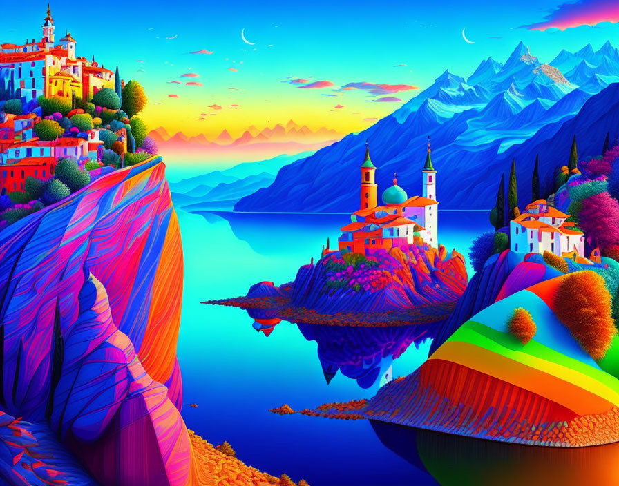 Colorful Landscape with Whimsical Architecture Overlooking Lake and Mountains at Sunset