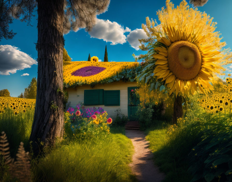 Oversized sunflower in whimsical scene with pathway and sunflower-covered house