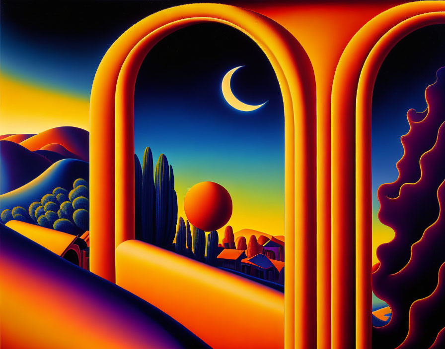 Surreal landscape with arches, hills, cypress trees, houses, crescent moon,