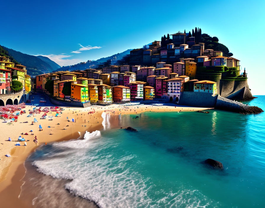 Vibrant Coastal Town: Colorful Buildings, Sandy Beach, Turquoise Waters