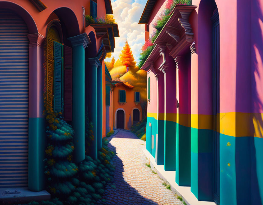 Colorful alley with pastel buildings, cobblestone path, and whimsical trees under blue sky