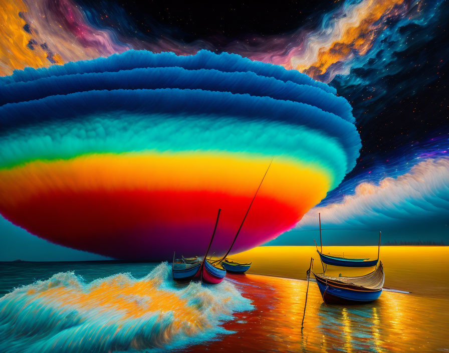 Colorful surreal landscape with boats under massive cloud formation