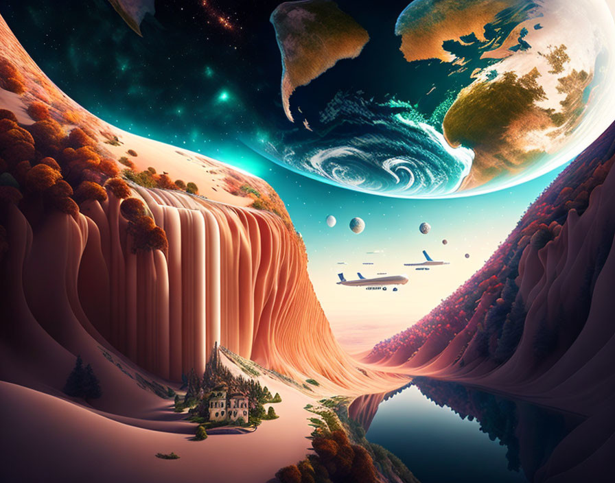 Surreal landscape with waterfall, floating islands, spaceship, aurora-lit sky
