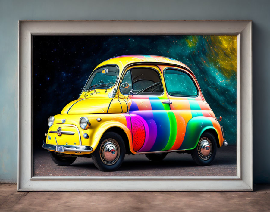 Colorful Fiat 500 in 3D frame on cosmic background