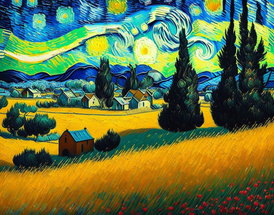 Colorful painting of starry night sky over village with cypress trees