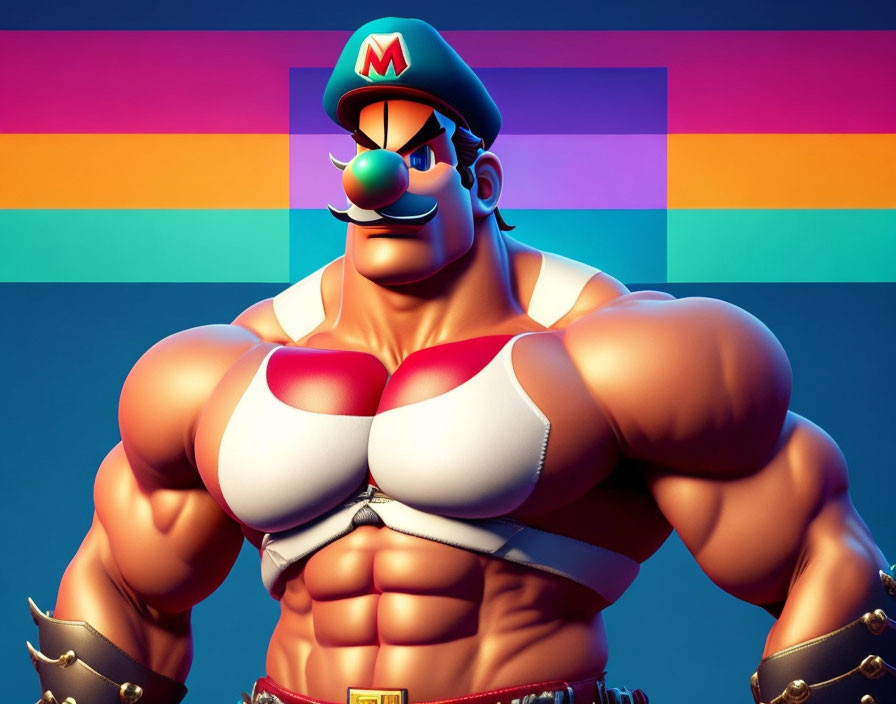 Muscular Mario with gloves and hat on colorful background