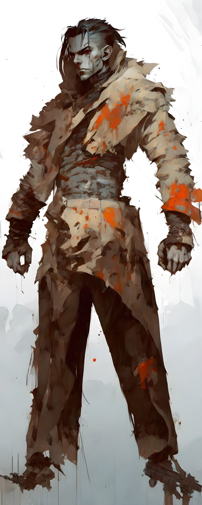 Illustration of determined man in tattered outfit with orange accents.