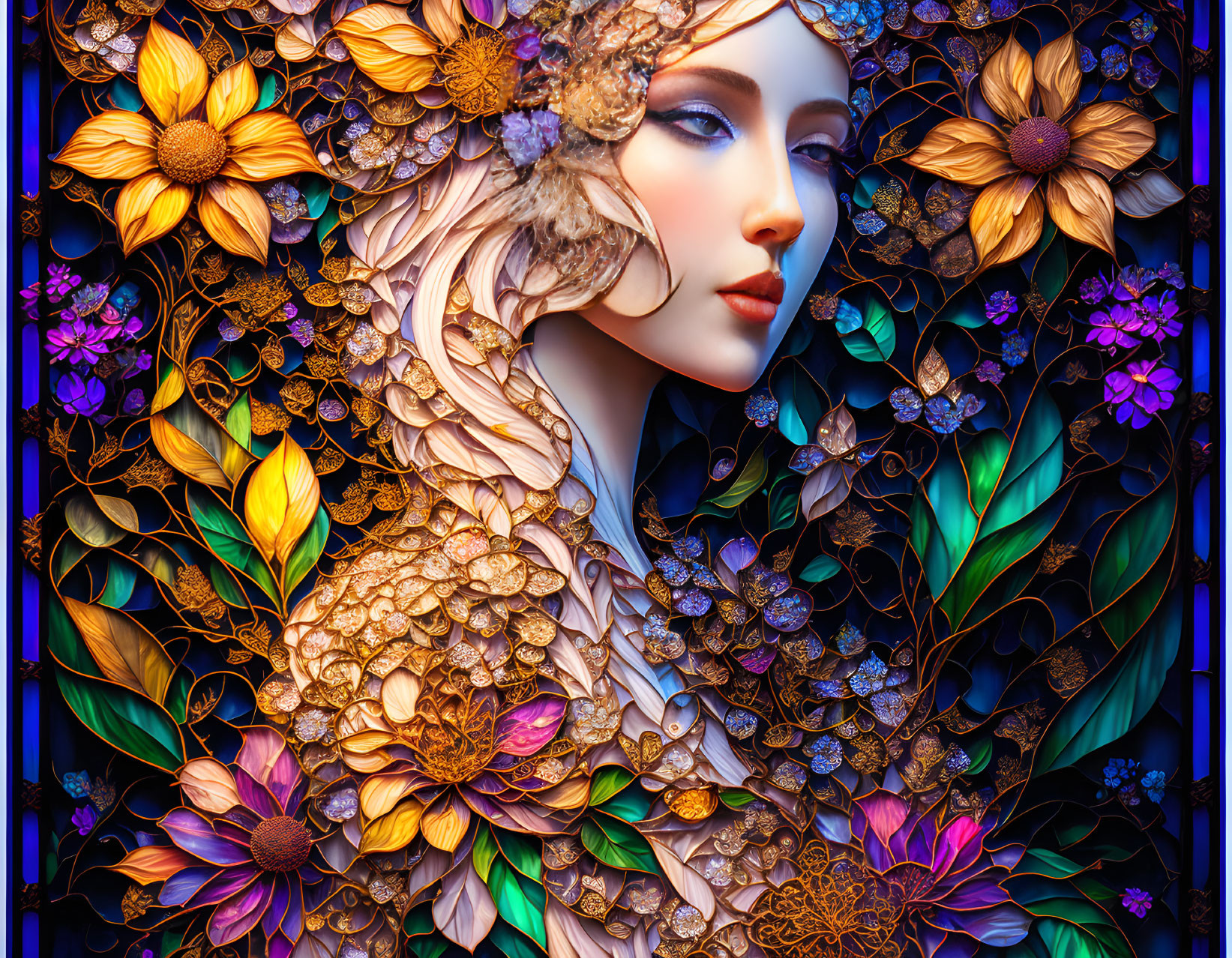 Digital Art: Woman's Profile with Golden Floral Mane on Blue Background