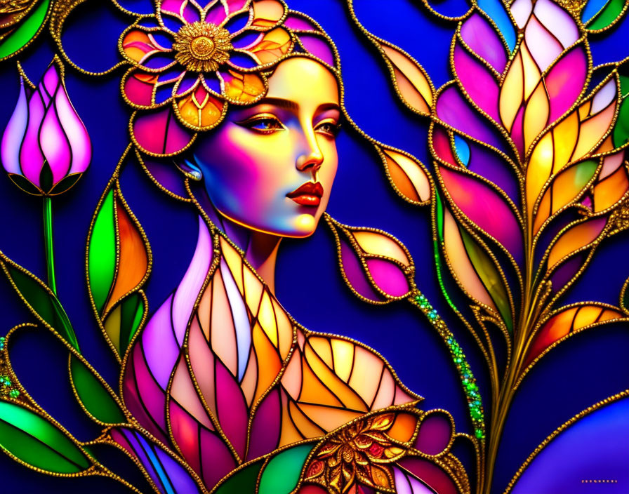 Colorful Stained Glass Style Woman's Face Artwork in Vibrant Digital Design