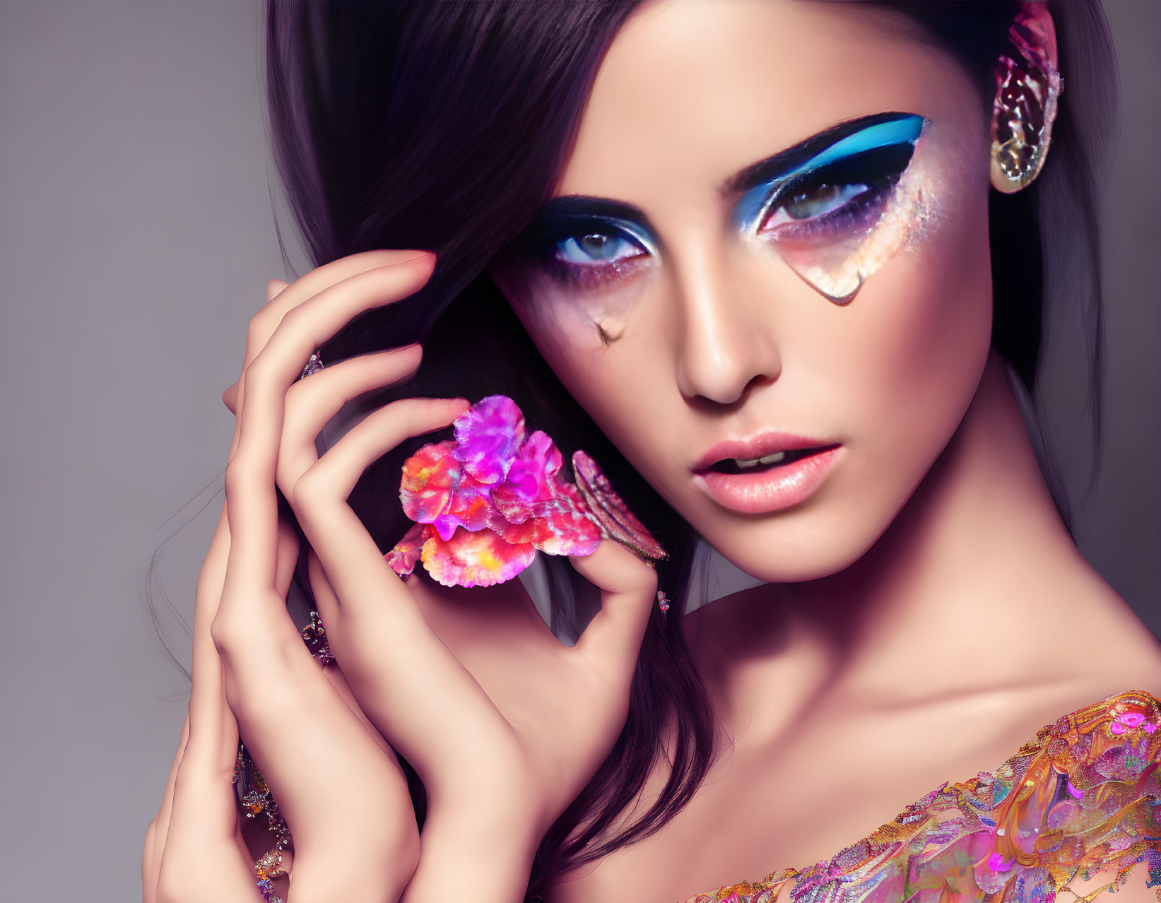 Woman showcasing dramatic blue eye makeup and pink orchid earrings for a bold fashion look