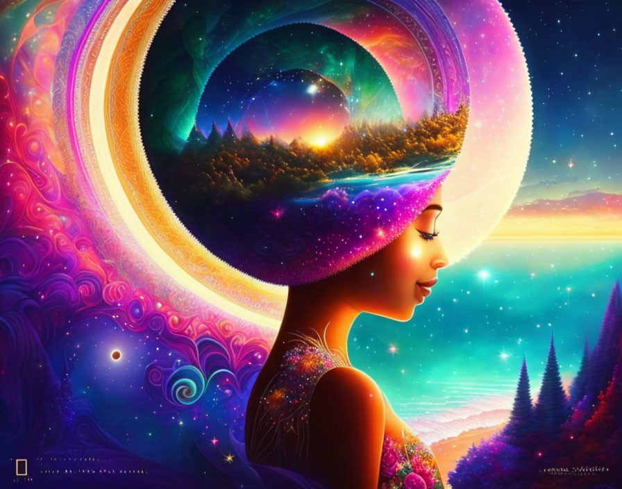 Colorful artwork: Woman's profile with cosmic landscape in hair