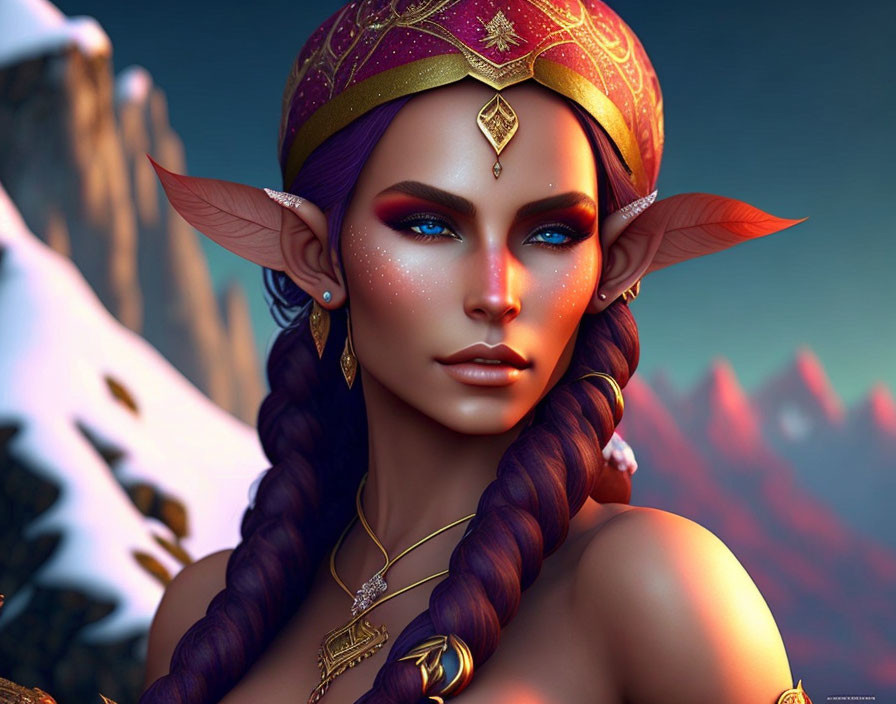 Violet-skinned female elf with braided hair in fantasy mountain scene