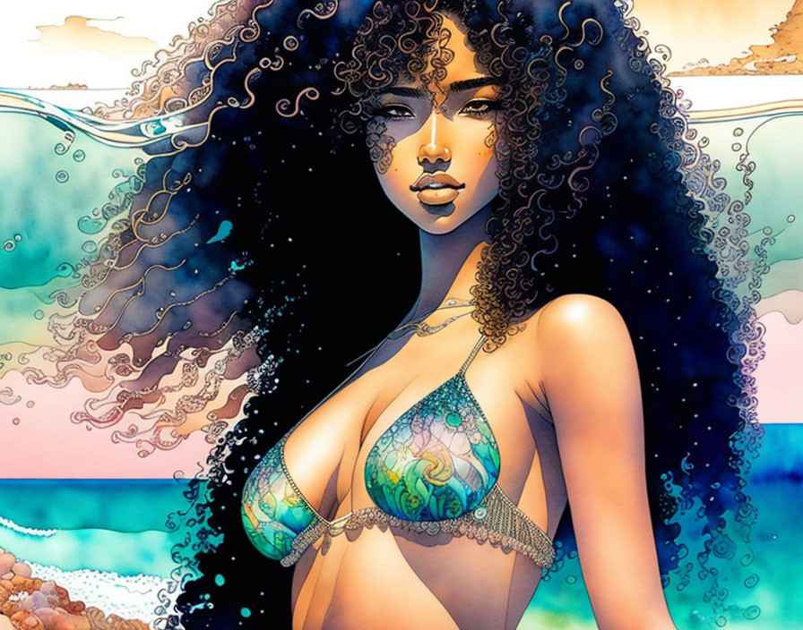 Illustrated woman with curly hair and bikini top against water and land.