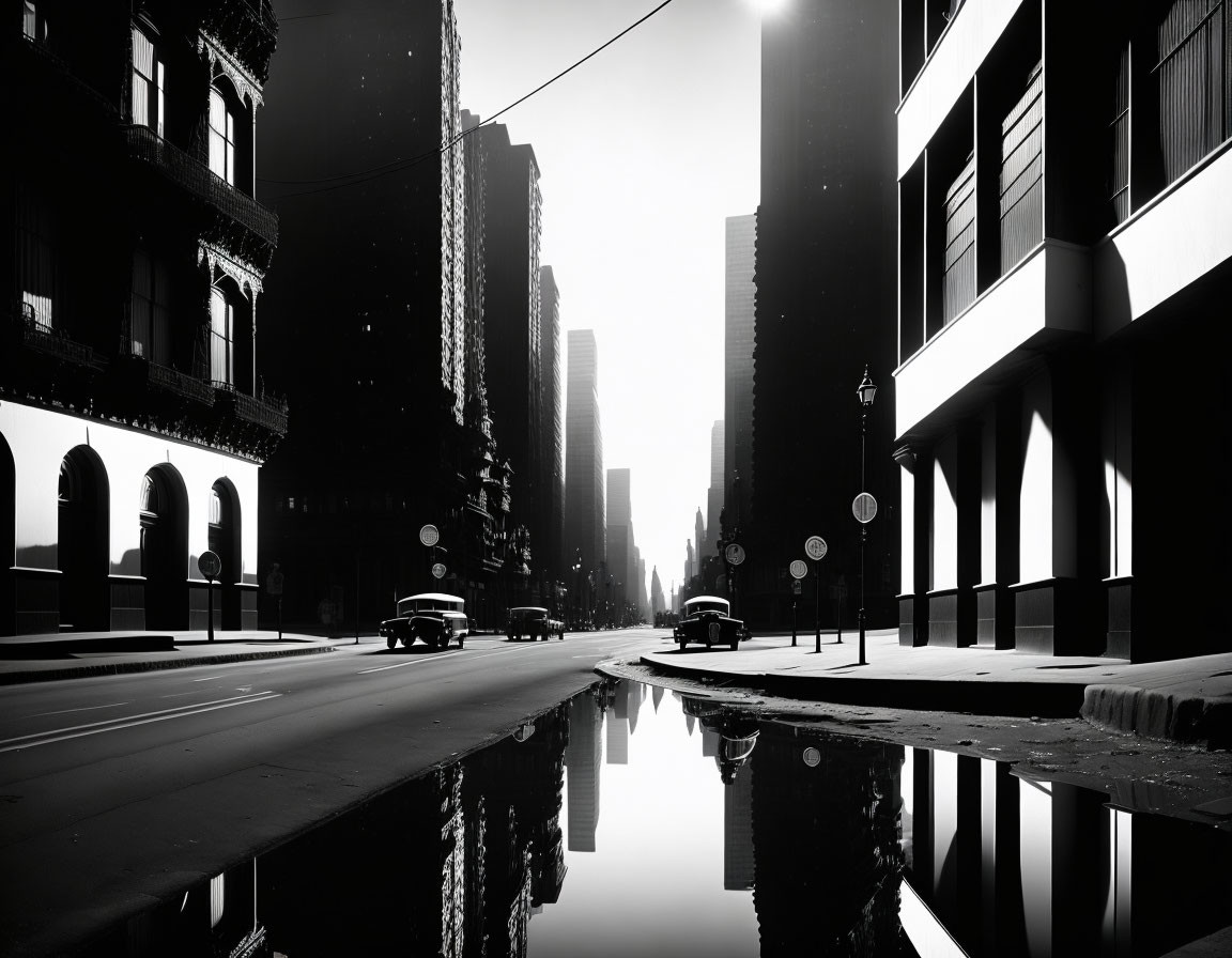Monochrome cityscape: silhouetted buildings, wet street reflections, sparse traffic.