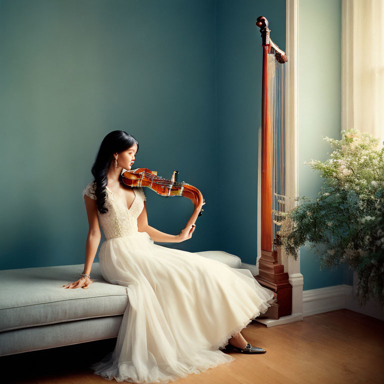 Woman playing violin next to harp in elegant room with teal walls