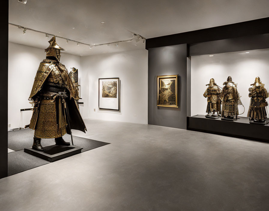 Armor and paintings in elegant art gallery with warm lighting and gray floors