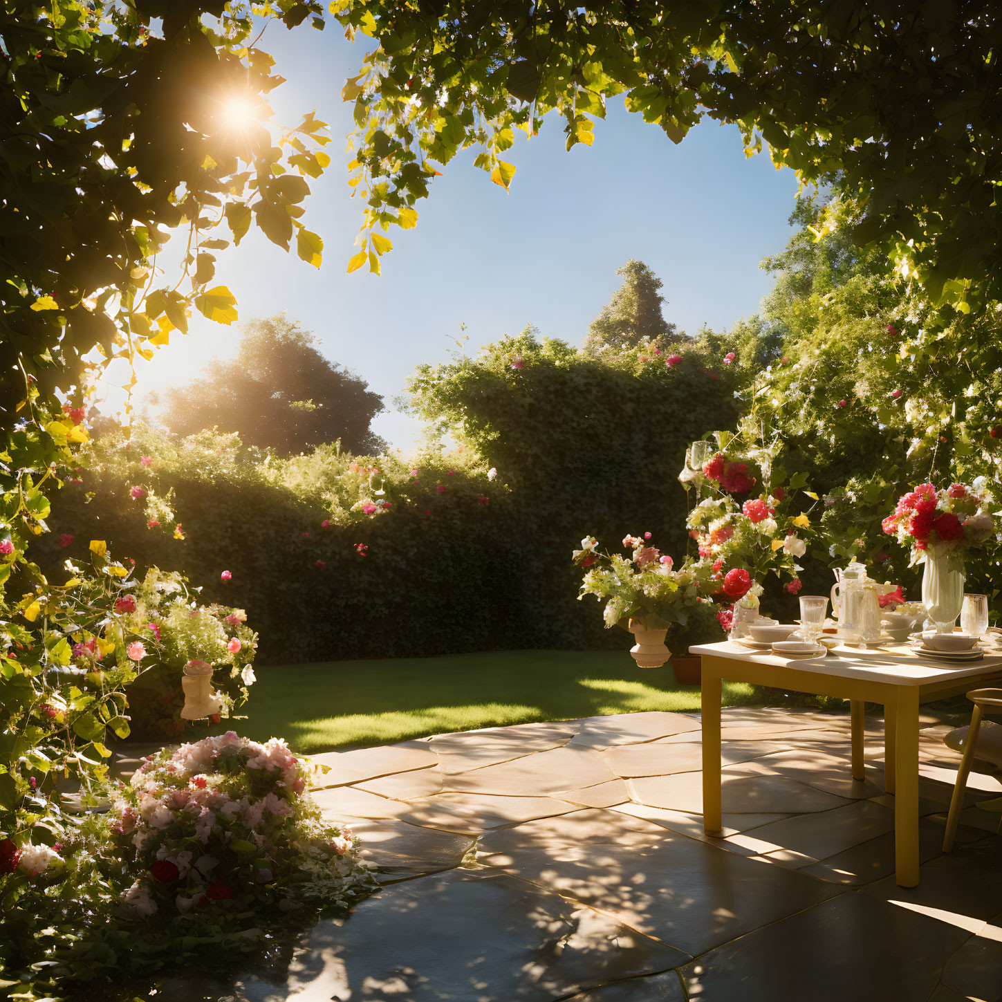 Serene garden scene with table set among flowers and greenery