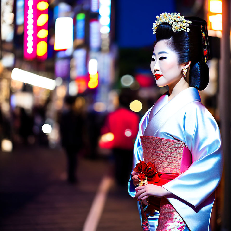 Elaborately dressed woman poses against vibrant city nightscape