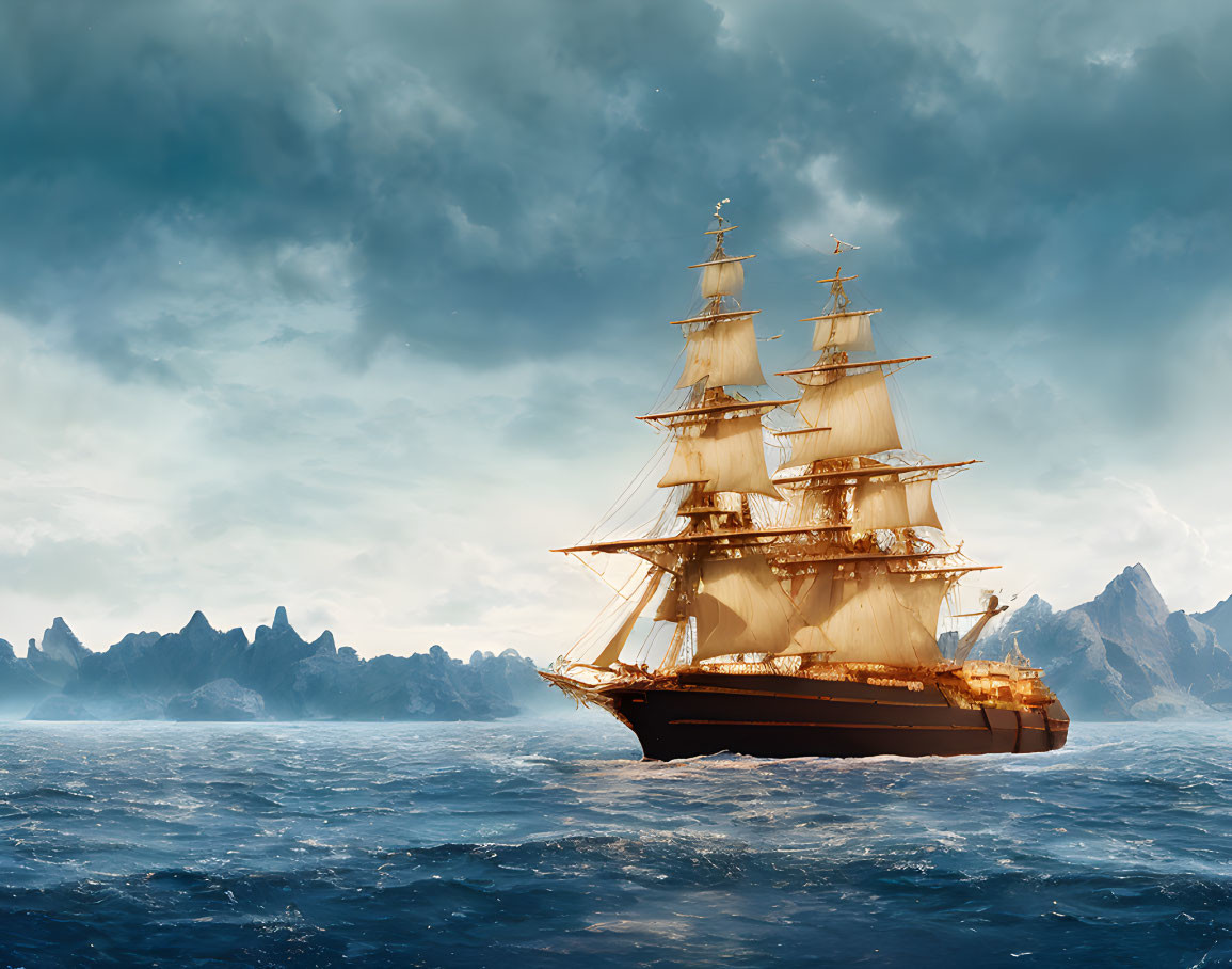 Majestic tall ship sailing turbulent seas under dramatic sky