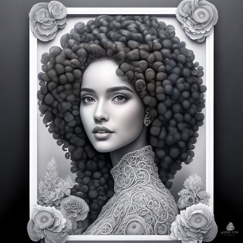Monochrome art of woman with curly hair and floral patterns surrounded by roses and leaves