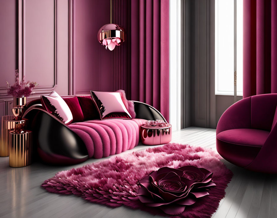 Luxurious Pink and Black Room with Plush Sofa, Armchair, Velvet Curtains, Shag