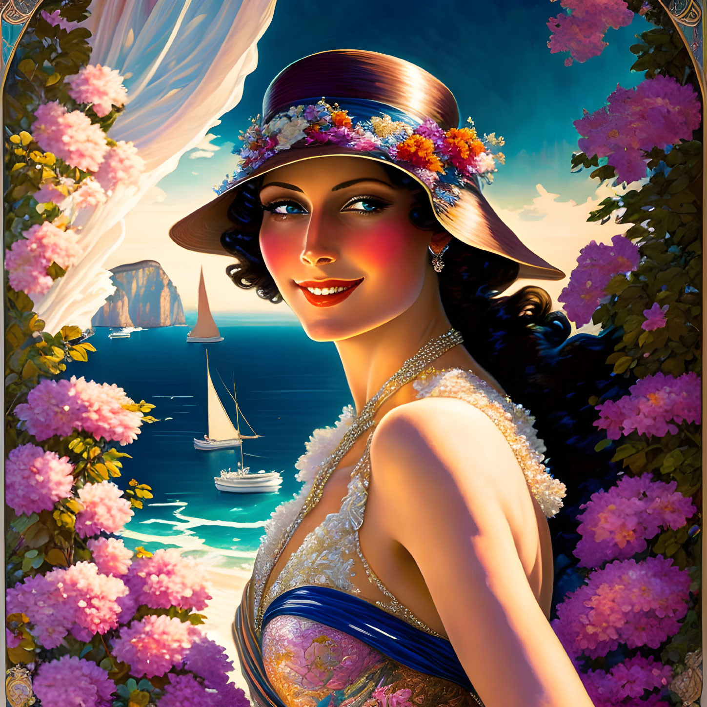 Illustration of Smiling Woman in Art Deco Style with Coastal Scene