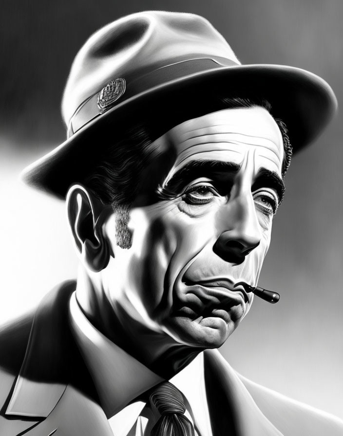 Monochrome illustration of stern man in fedora hat and suit