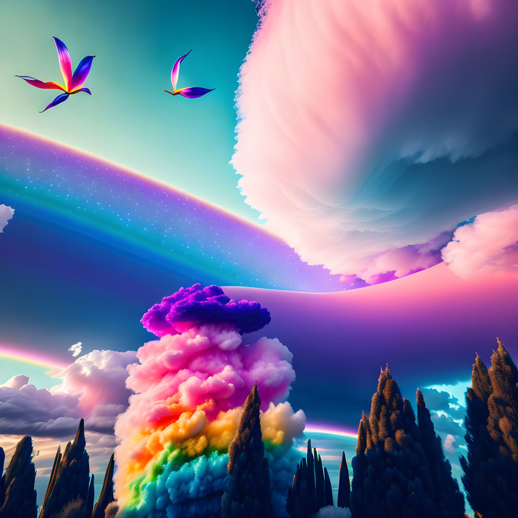 Colorful surreal landscape with whimsical clouds and rainbow horizon.