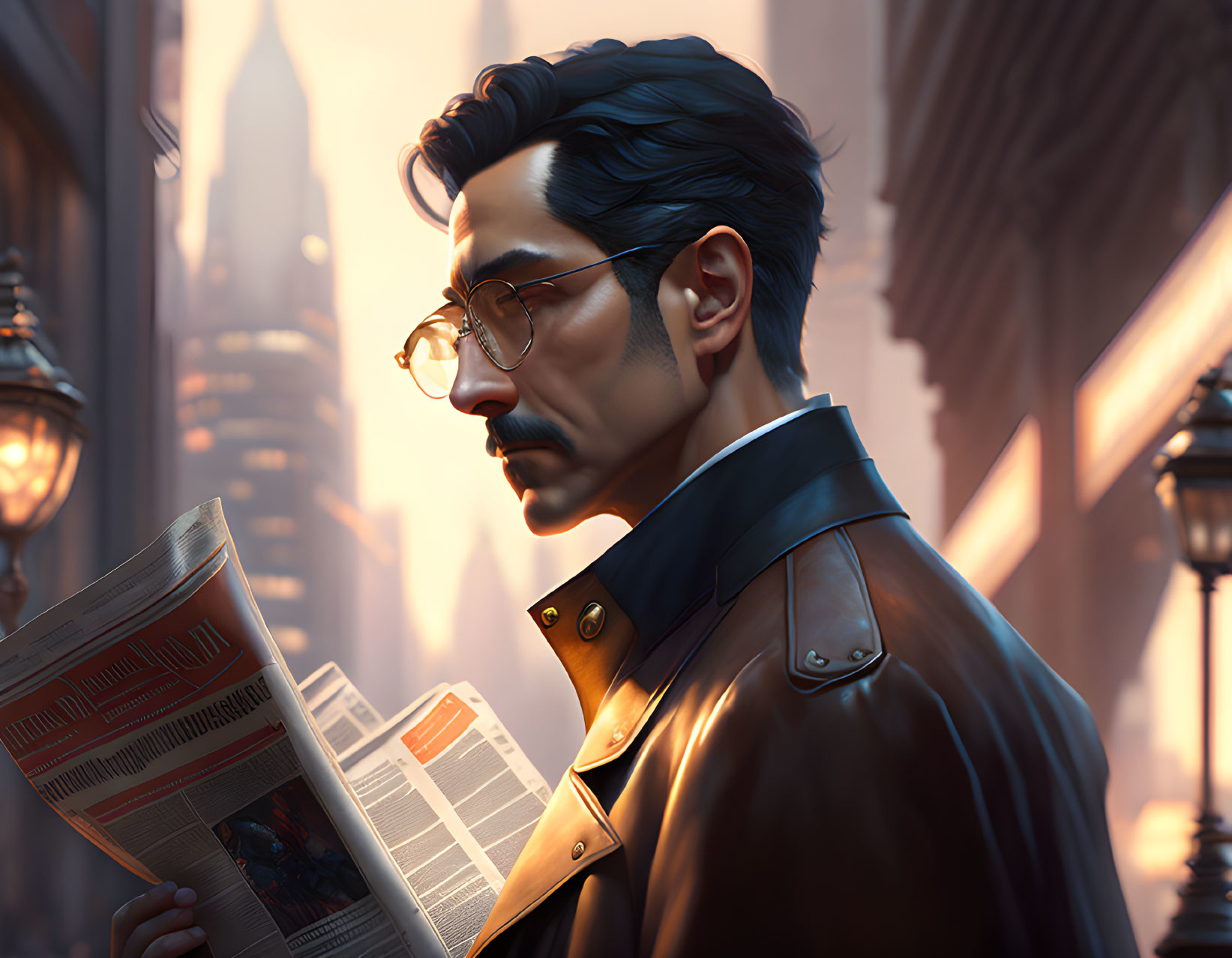 Digital Artwork: Distinguished Man with Mustache Reading Newspaper in Urban Setting