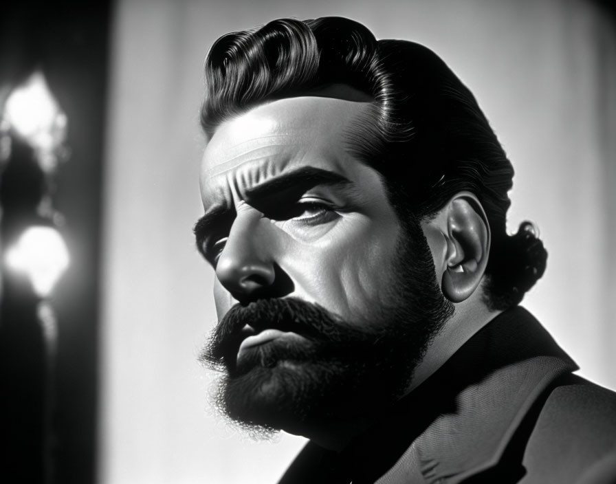 Vintage black and white portrait of a man with styled mustache and slicked hair