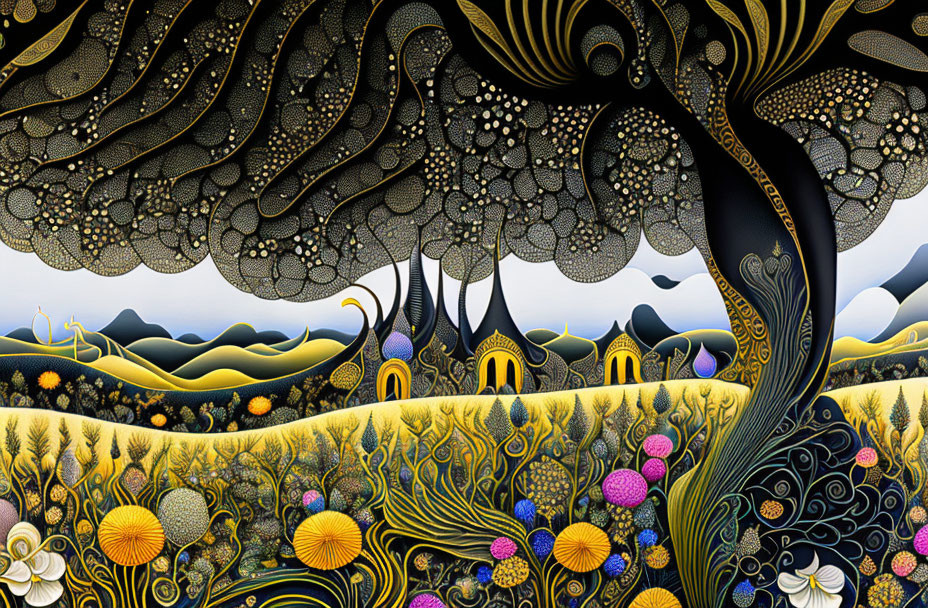 Fantastical Landscape with Swirling Patterns and Whimsical Structures