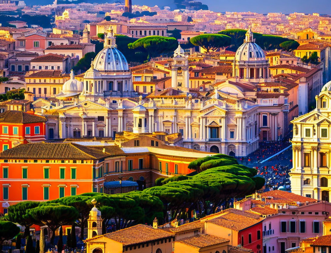 Historic buildings and domed structures in Rome at sunset aerial view.