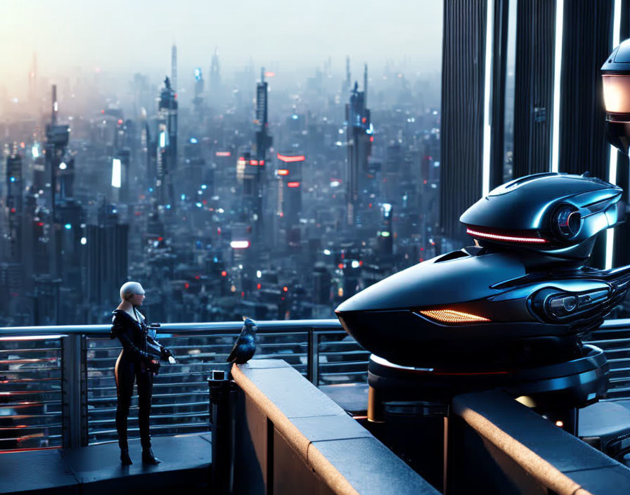 Futuristic cityscape with person and robot on balcony overlooking high-tech skyscrapers at twilight