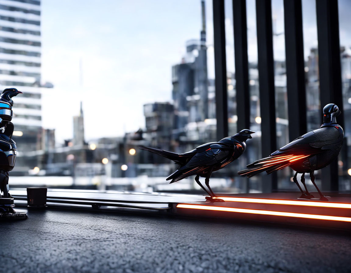 Futuristic cityscape with robotic birds and glowing red lines
